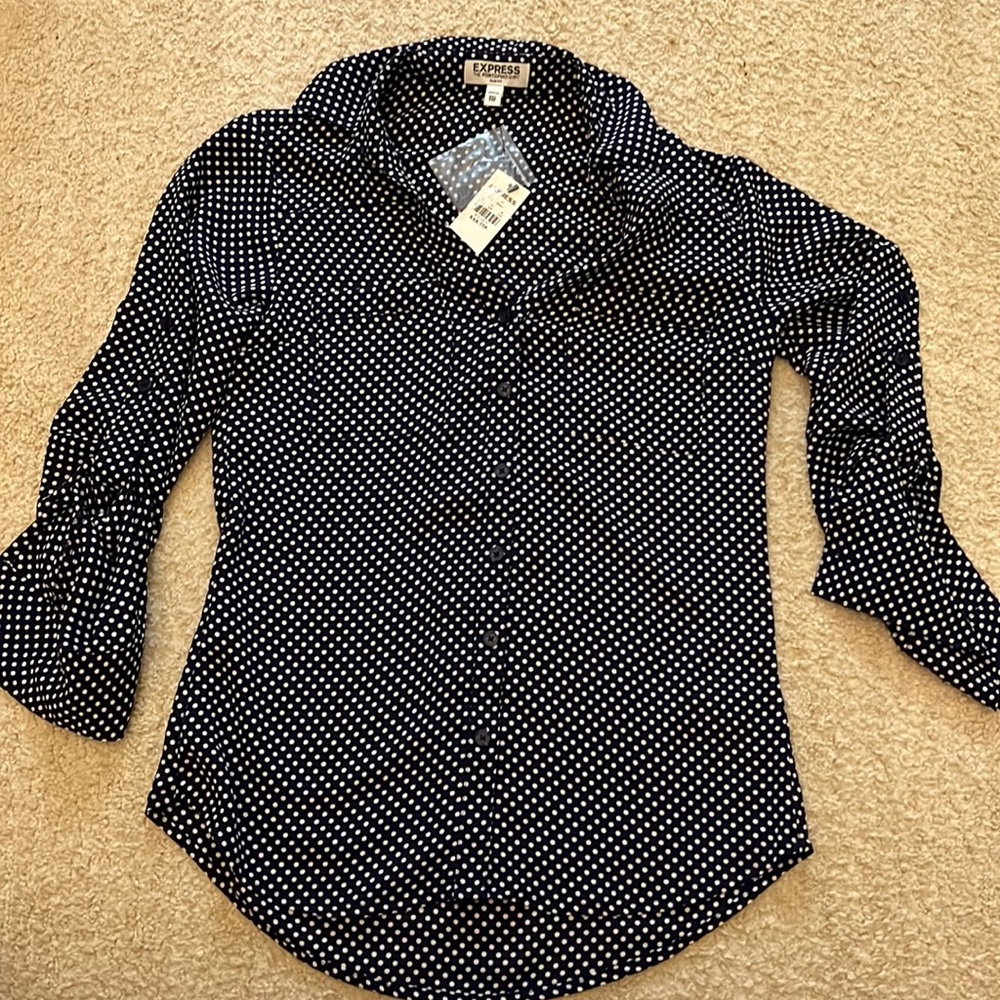 Express portofino shirt slim fit navy polka dot NWT